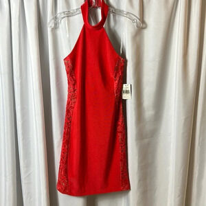 Teeze Me Coral Halter Lace Panel Mini Dress Size 3 NWT Cocktail Party Prom